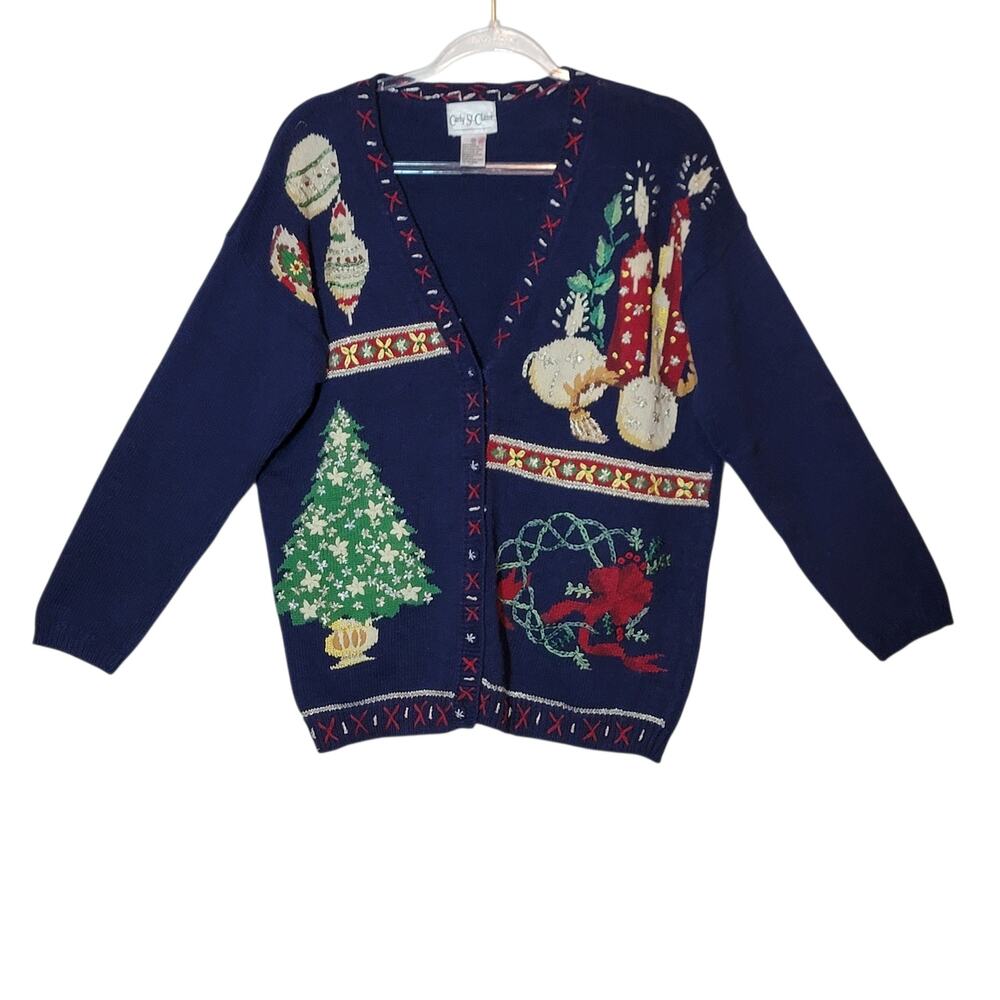 Vintage Carly St Claire Embroidered Christmas Cardigan Sweater Blue Red M Retro - Picture 11 of 11